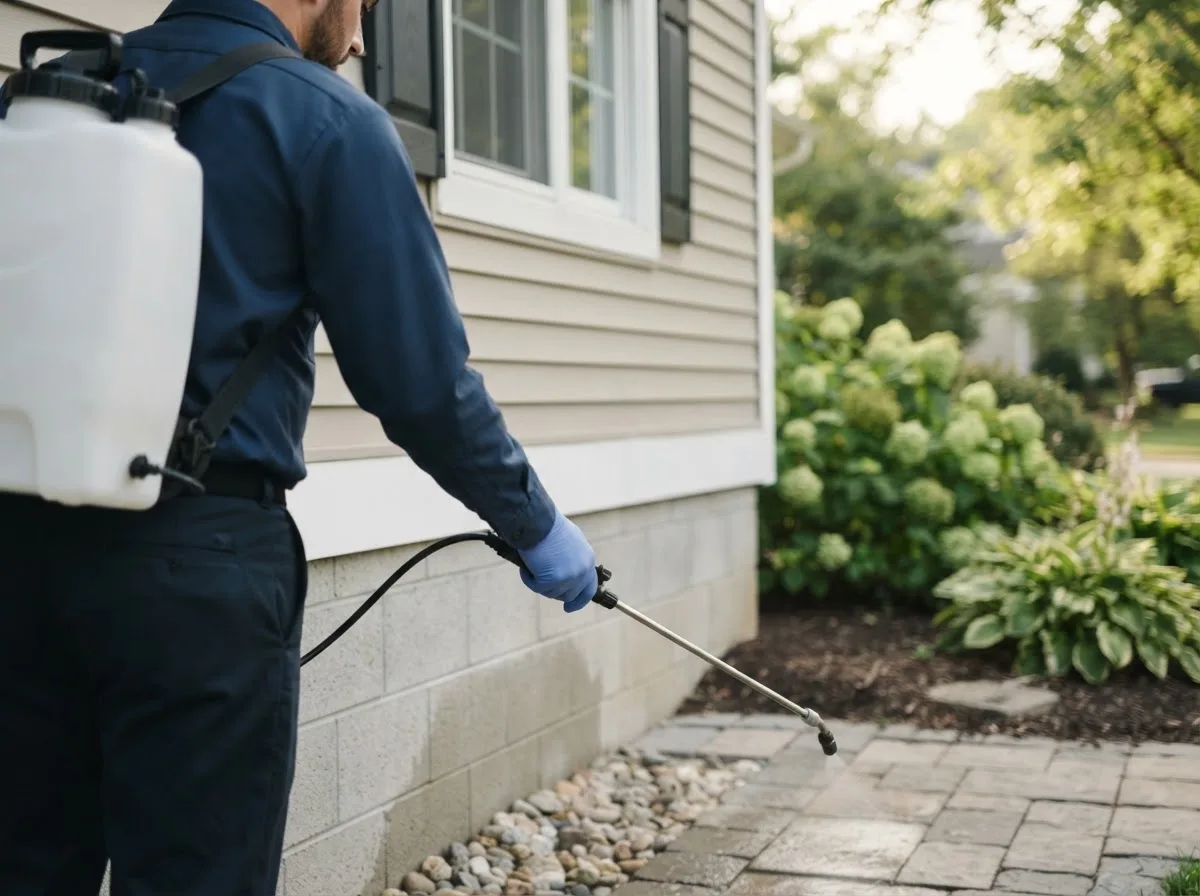 Pest control technician inspecting a home in Branchland, WV